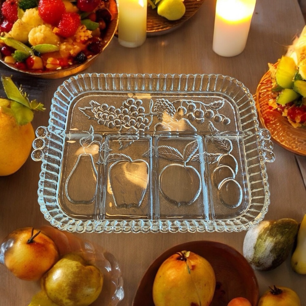 Vintage Indiana Glass Crystal Happenings 5 Part Divided Relish Tray Fruit Platte